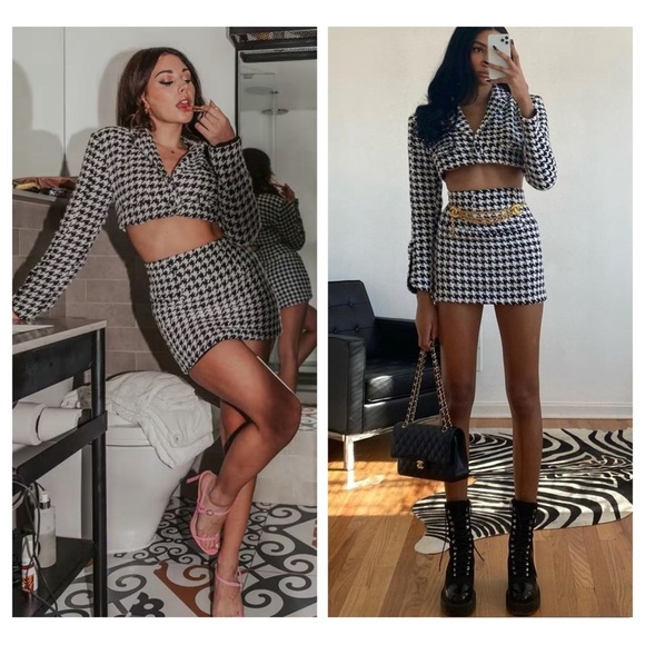For Love and Lemons Bonnie Cropped Blazer Mini Skirt Houndstooth Suit Set Size M - Picture 6 of 16